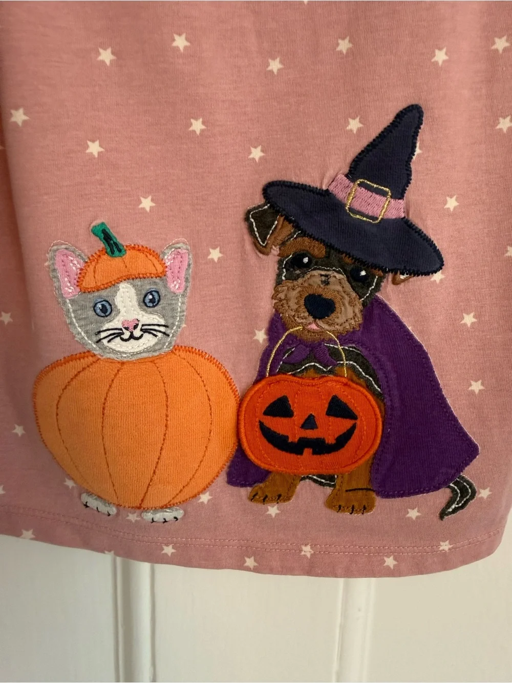 Mini Boden Pink Long-Sleeve Halloween Top with Puppy & Pumpkin Appliqués